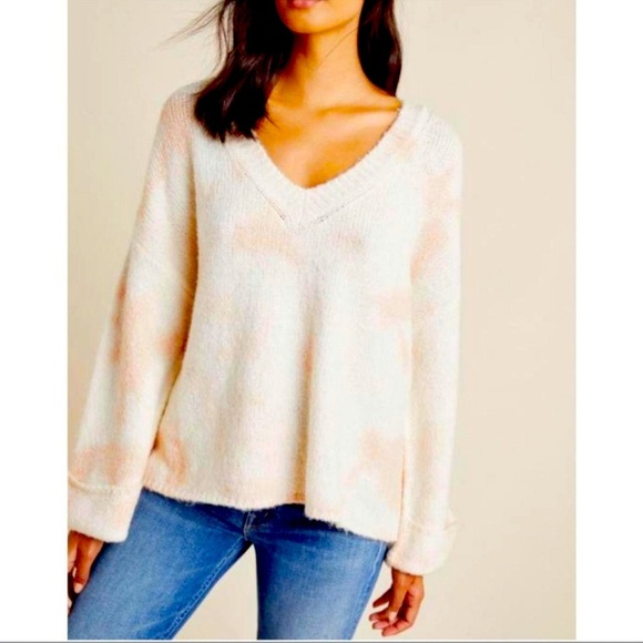 Anthropologie Pink/White Tie Dye Knit Sweater V Neck Top - Picture 1 of 8